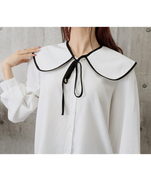 ビッグ襟ブラウス リボンタイブラウス長袖 レディース バイカラーシャツブラウス フレンチガーリー 大きめ襟トップス ゆったり韓国ファッション  着やせ 体型カバー 84WANJIA-022